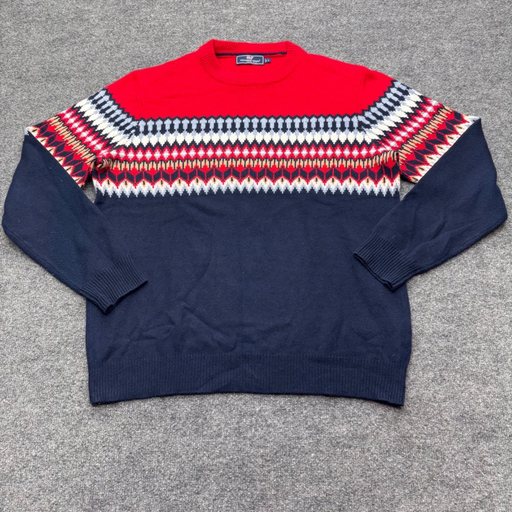 Vineyard Vines Mens Large Merino Wool Fair Isle Crewneck Sweater Navy Red